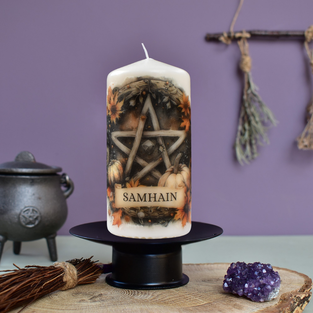 Samhain Ritual Pentagram Decoupage Candle, Pagan Wheel Of The Year Sabbat Altar Decor.