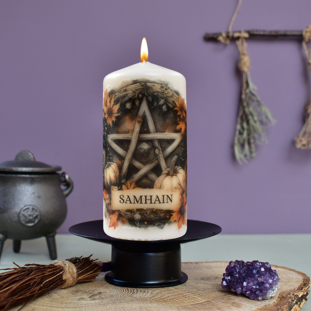 Samhain Ritual Pentagram Decoupage Candle, Pagan Wheel Of The Year Sabbat Altar Decor.