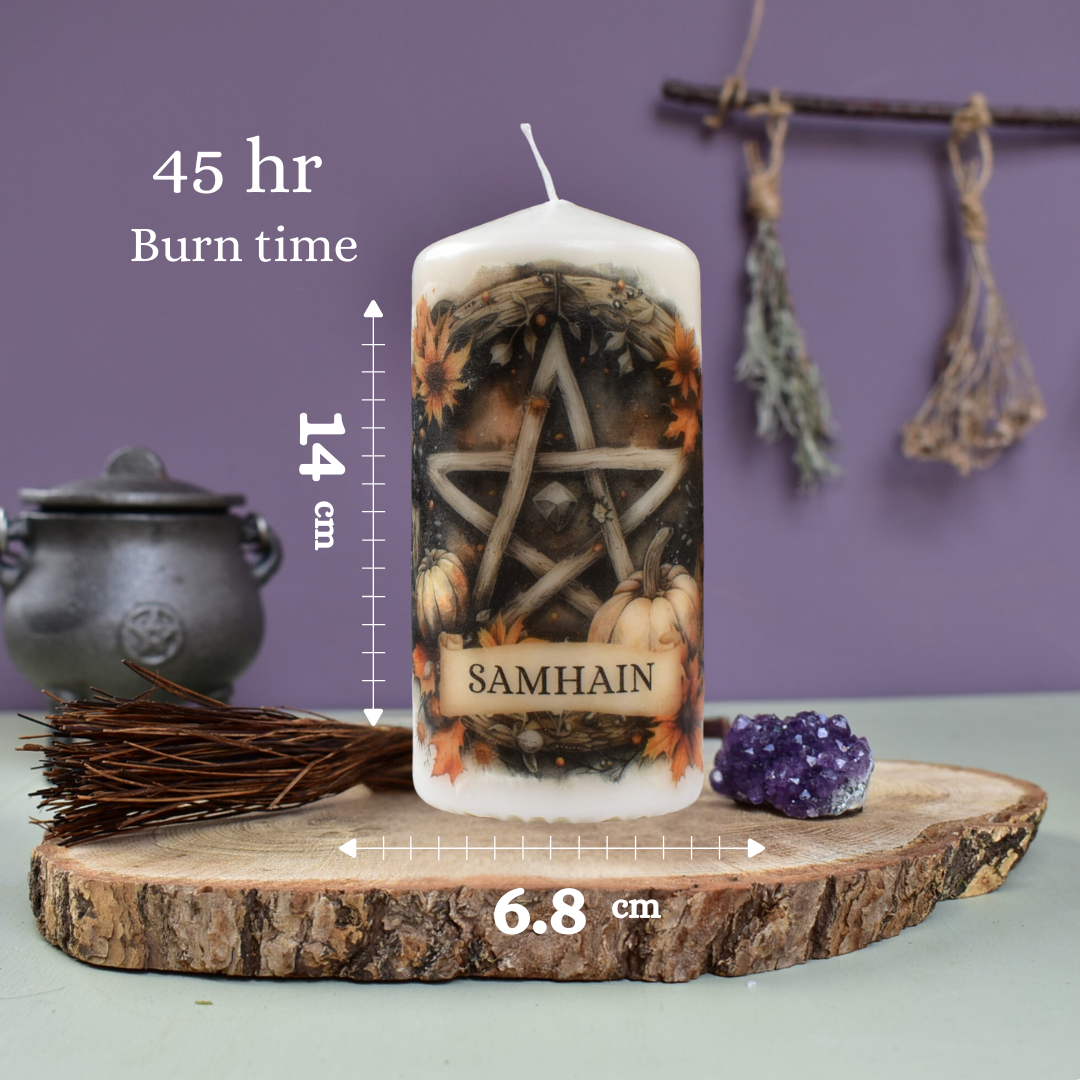 Samhain Ritual Pentagram Decoupage Candle, Pagan Wheel Of The Year Sabbat Altar Decor.