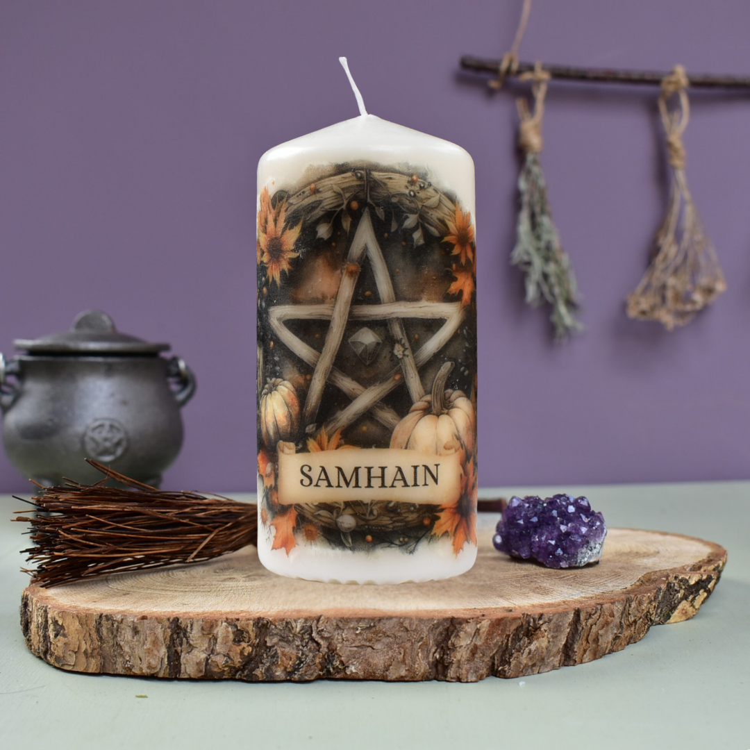 Samhain Ritual Pentagram Decoupage Candle, Pagan Wheel Of The Year Sabbat Altar Decor.