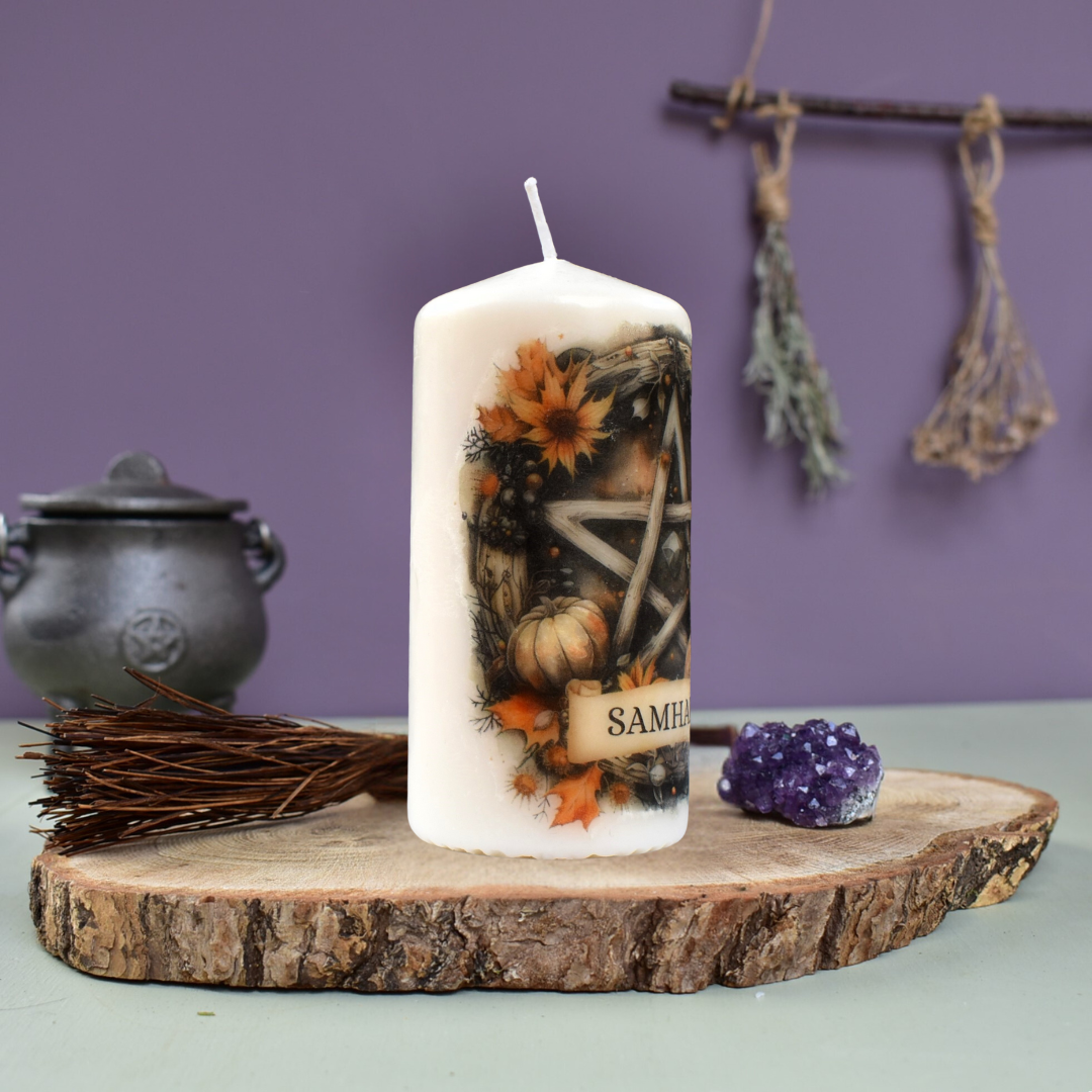 Samhain Ritual Pentagram Decoupage Candle, Pagan Wheel Of The Year Sabbat Altar Decor.