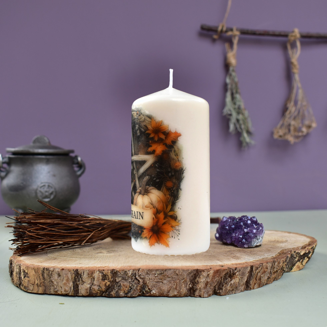 Samhain Ritual Pentagram Decoupage Candle, Pagan Wheel Of The Year Sabbat Altar Decor.