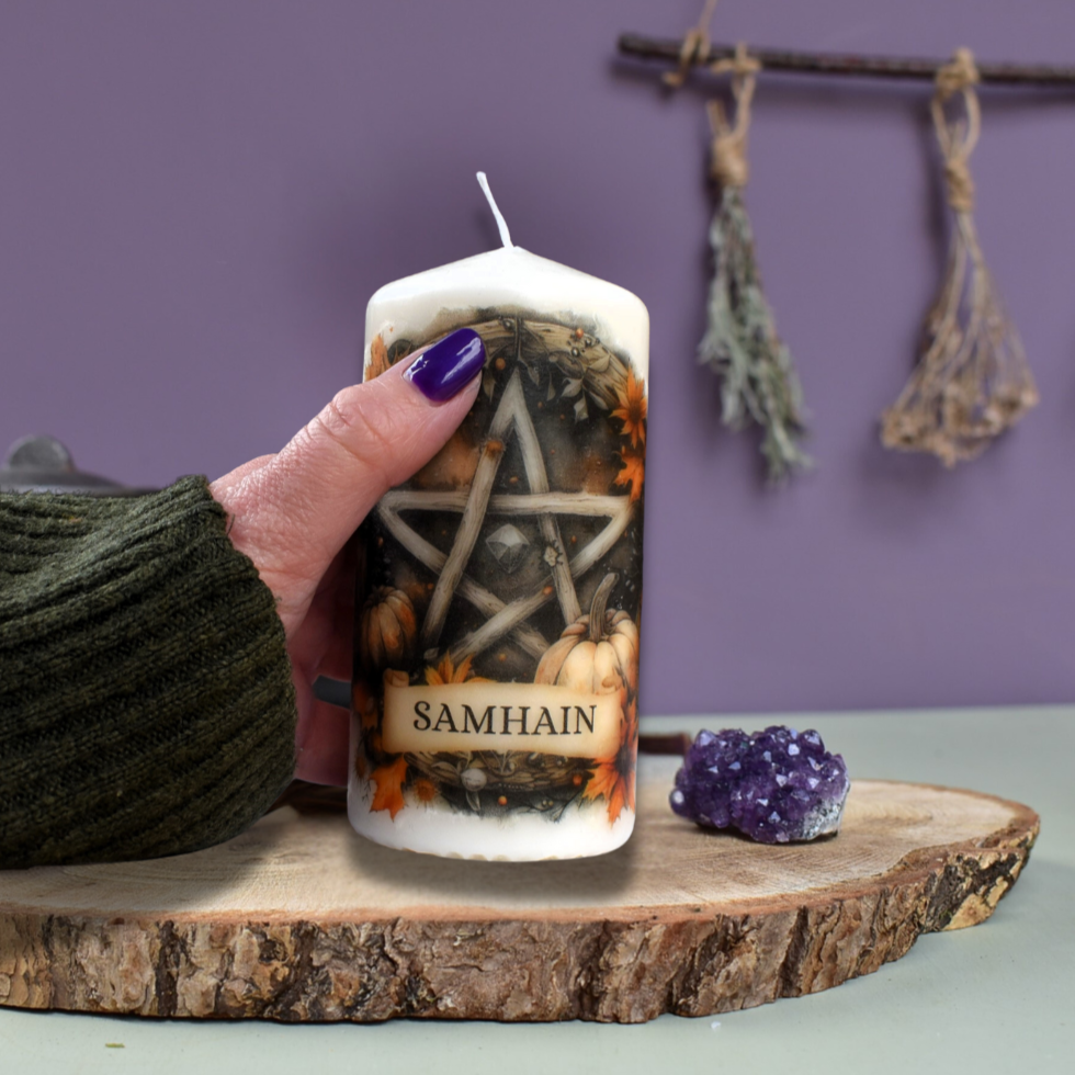 Samhain Ritual Pentagram Decoupage Candle, Pagan Wheel Of The Year Sabbat Altar Decor.