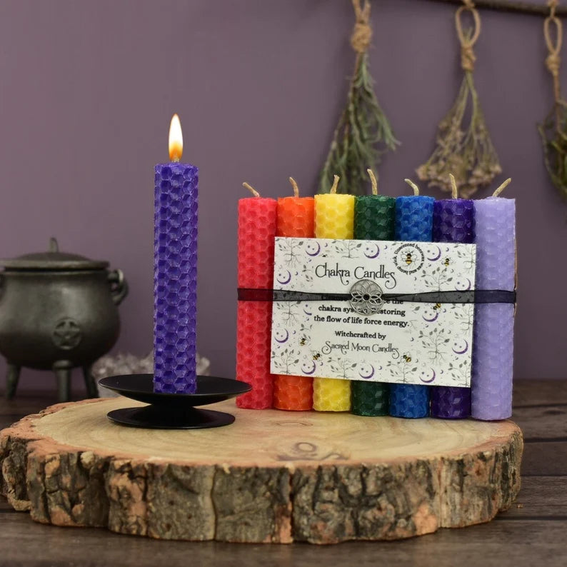 Chakra Candle Set with Wildflower Seeded Paper Label and a Small Black Candle Holder, Thoughtful Spiritual Gift Idea, Spell Candles