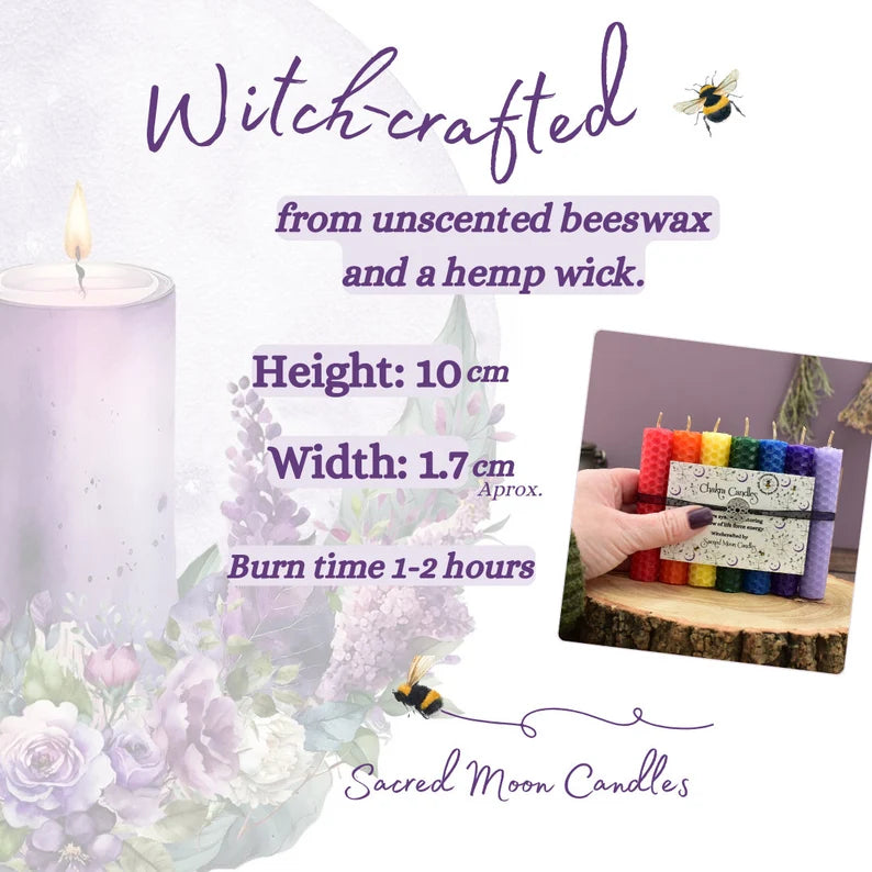 Chakra Candle Set with Wildflower Seeded Paper Label and a Small Black Candle Holder, Thoughtful Spiritual Gift Idea, Spell Candles