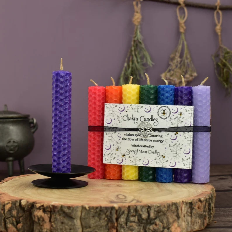 Chakra Candle Set with Wildflower Seeded Paper Label and a Small Black Candle Holder, Thoughtful Spiritual Gift Idea, Spell Candles