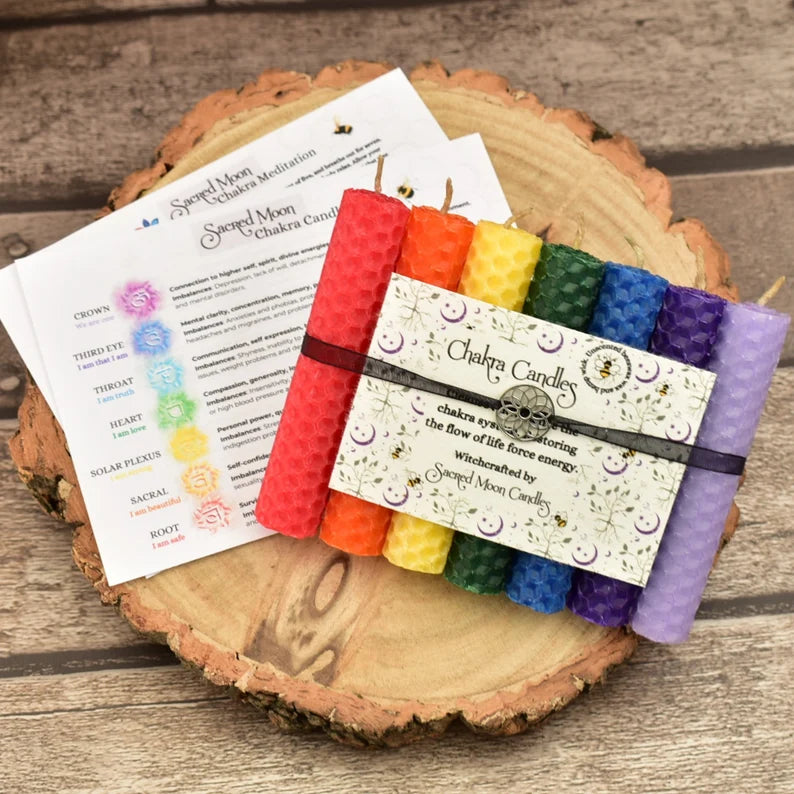 Chakra Candle Set with Wildflower Seeded Paper Label and a Small Black Candle Holder, Thoughtful Spiritual Gift Idea, Spell Candles