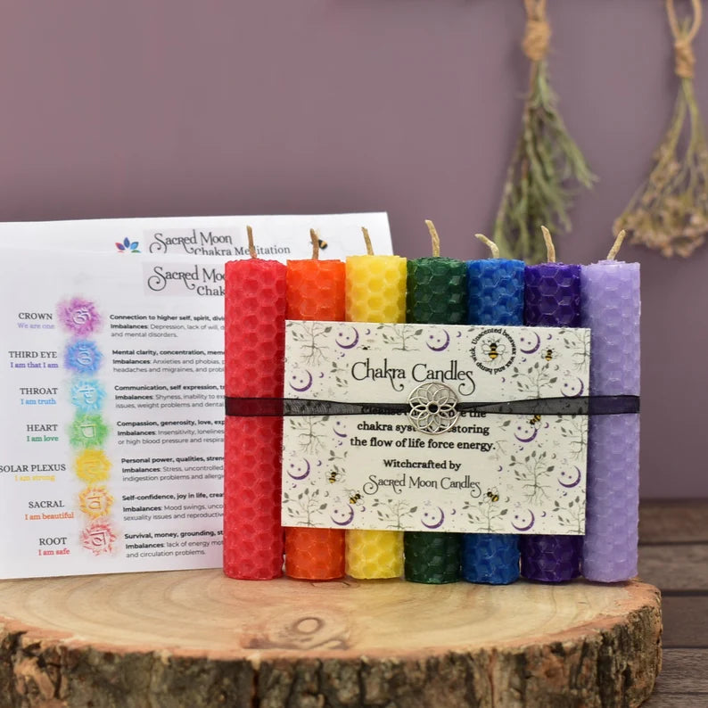 Chakra Candle Set with Wildflower Seeded Paper Label and a Small Black Candle Holder, Thoughtful Spiritual Gift Idea, Spell Candles