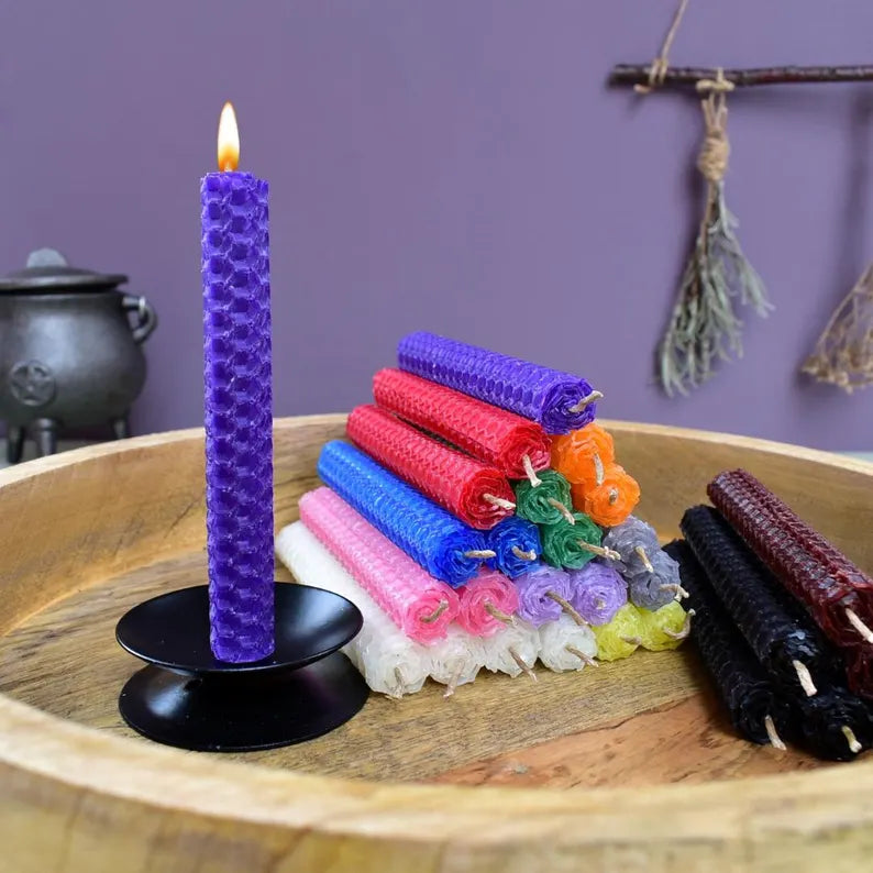 Spell Candle Kit with a Small Candle Holder, 28 Small Coloured Beeswax Candles, Witch Starter Kit, Wiccan Supplies, Pagan Gift