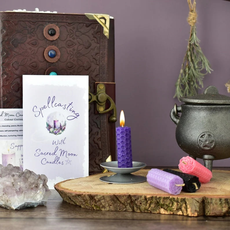 Mini Spell Candle Kit and A Mini Candle Holder with Booklet and Colour Chart, Witch Starter Kit with 16 Coloured Beeswax Spell Candles