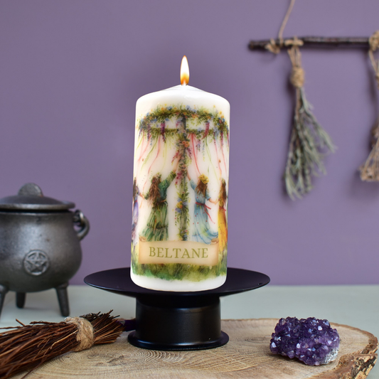 Beltane Ritual Decoupage Candle, Pagan Wheel Of The Year Sabbat Altar Decor.