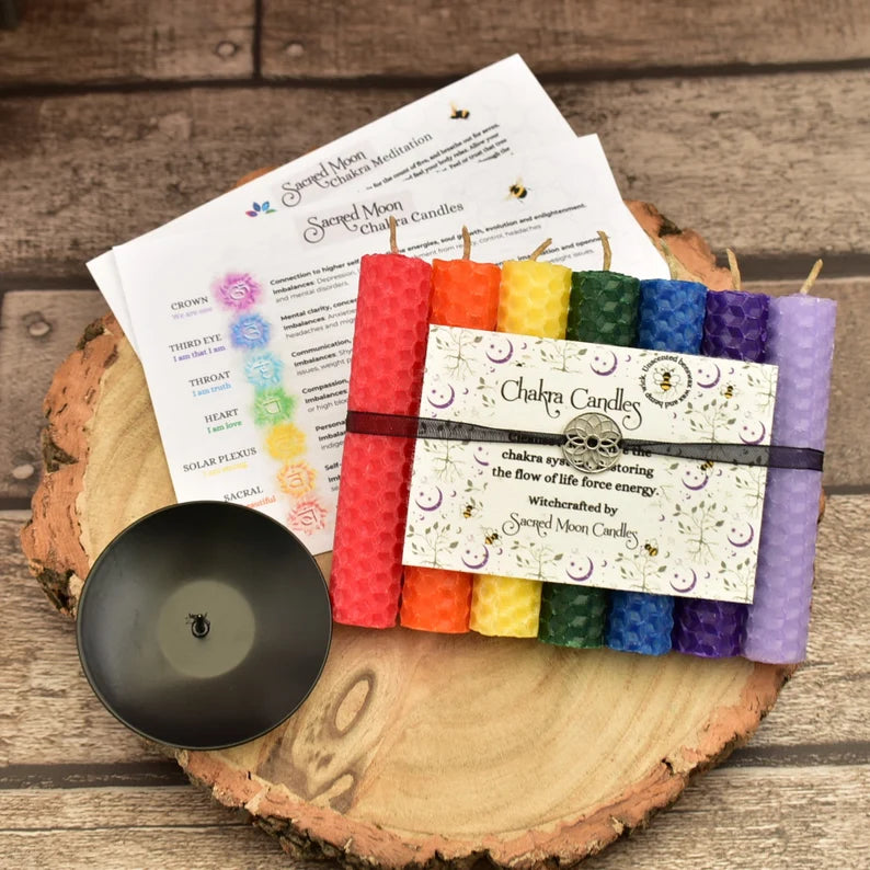 Chakra Candle Set with Wildflower Seeded Paper Label and a Small Black Candle Holder, Thoughtful Spiritual Gift Idea, Spell Candles