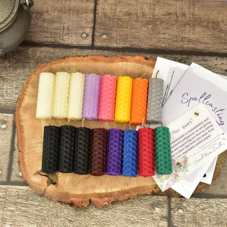 Mini Spell Candle Kit and A Mini Candle Holder with Booklet and Colour Chart, Witch Starter Kit with 16 Coloured Beeswax Spell Candles