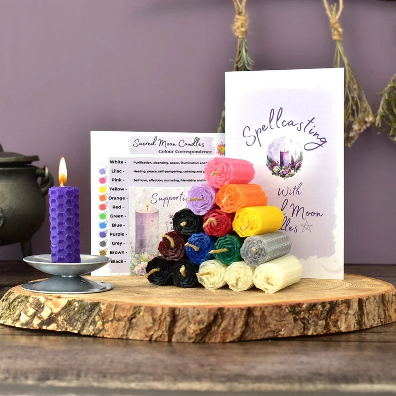 Mini Spell Candle Kit and A Mini Candle Holder with Booklet and Colour Chart, Witch Starter Kit with 16 Coloured Beeswax Spell Candles